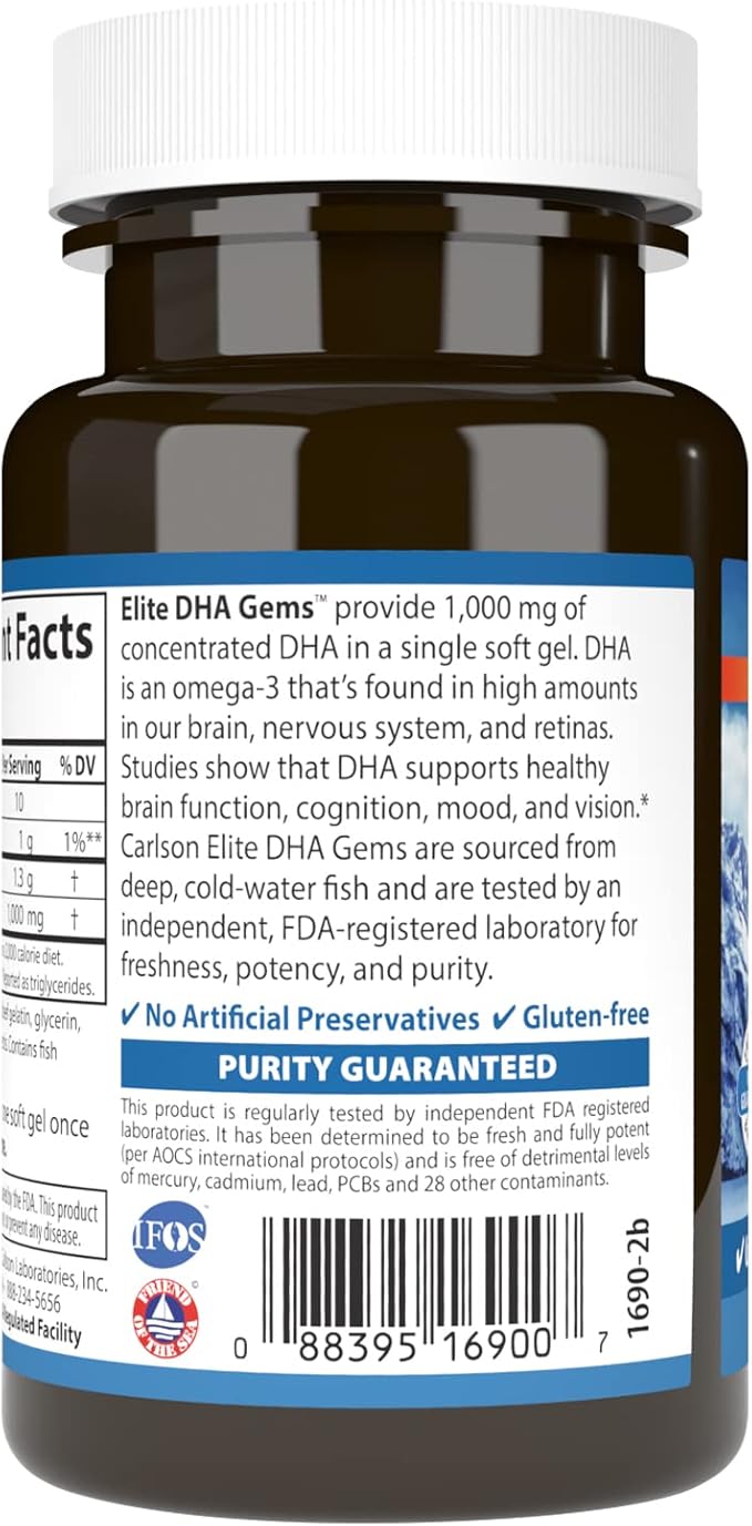 Carlson - Elite DHA Gems 1000 mg DHA Supports Healthy Brain Function &amp Vision 30 soft gels