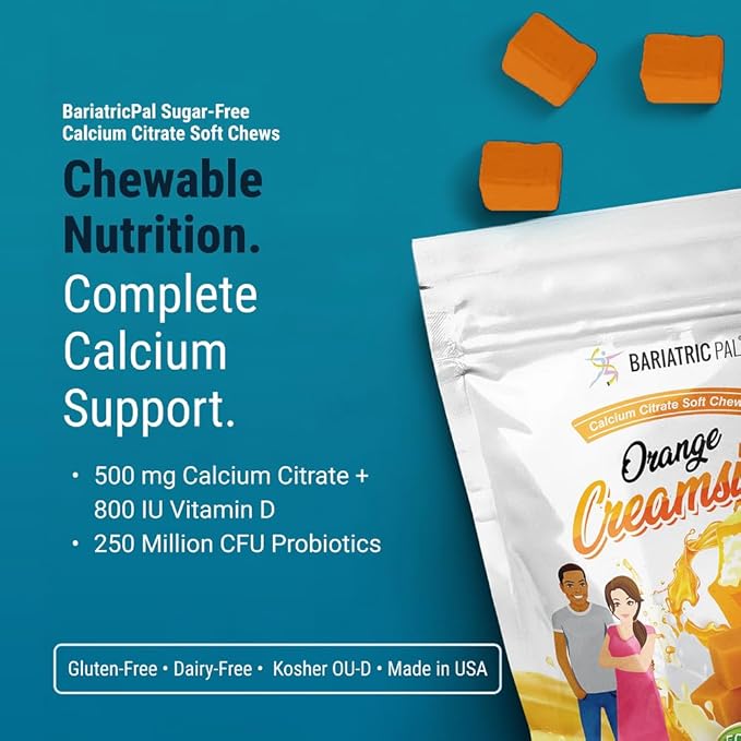 BariatricPal Sugar-Free Calcium Citrate Soft Chews | 500mg with Vitamin D &amp Probiotics | Orange Creamsicle | 90 Count (1 Month Supply)