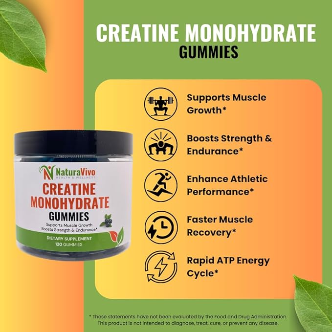 Creatine Monohydrate Gummies 5000mg | Muscle Growth Strength &amp Recovery – Vegan Sugar-Free Blueberry Flavor 120 Count | Sports Nutrition for Men &amp Women | Non-GMO Gluten-Free GMP Certifi