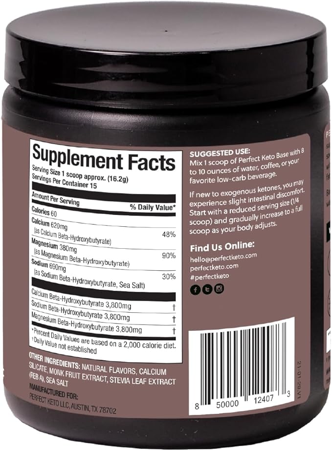 Perfect Keto Exogenous Ketones Powder BHB Salts for Ketosis &amp Fasting Support Electrolytes for Hydration Caffeine Free Energy Chocolate 8.57 oz