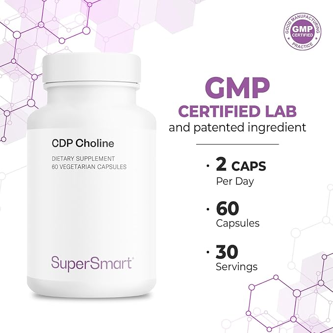 Supersmart - CDP Choline 1000mg per Day (Patented &amp High Dose) - Cognizin Citicoline Supplement | Non-GMO &amp Gluten Free - 60 Vegetarian Capsules