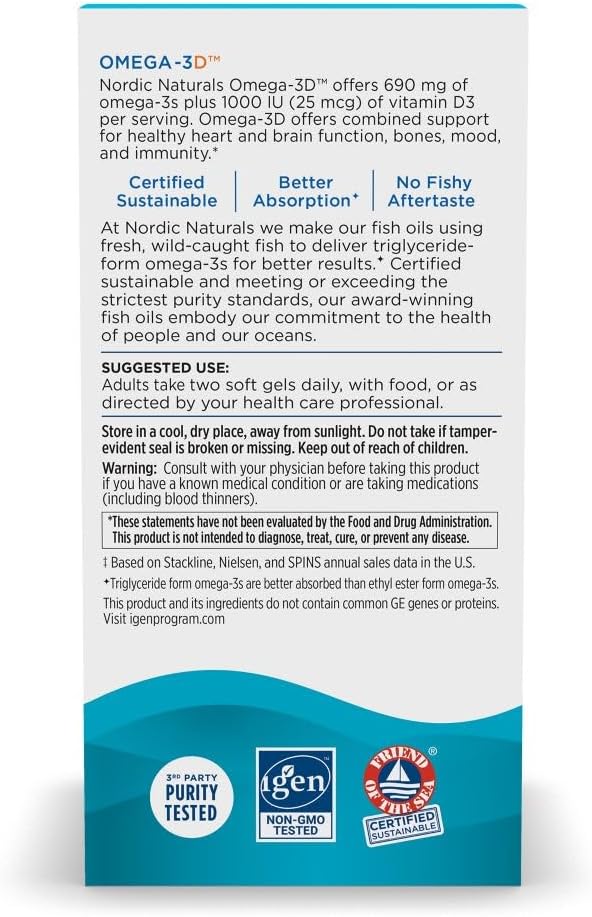 Nordic Naturals Omega-3D Lemon Flavor - 120 Soft Gels - 690 mg Omega-3 + 1000 IU Vitamin D3 - Fish Oil - EPA &amp DHA - Immune Support Brain &amp Heart Health Healthy Bones - Non-GMO - 60 Serving