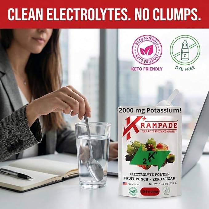 Krampade High Potassium Electrolytes Powder Zero Sugar Fruit Punch 4180mg Electrolytes 2000mg Potassium Cramp Relief &amp Prevention Cellular Hydration Better Endurance &amp Recovery Keto 50