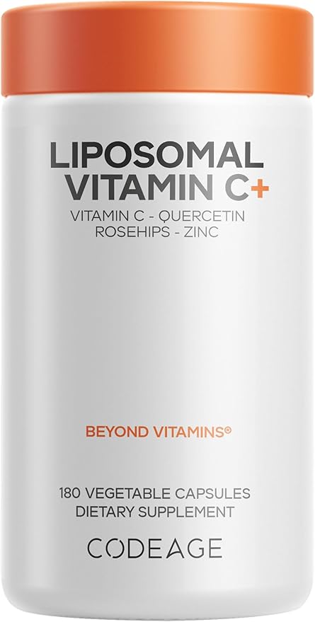 Codeage Liposomal Vitamin C 1500mg with Zinc Elderberry Citrus Bioflavonoids Grapefruit Lemon Orange Powder Quercetin &amp Rose Hips Fruit – Vegan Supplement - Non-GMO Vegan Pills 180 Capsules