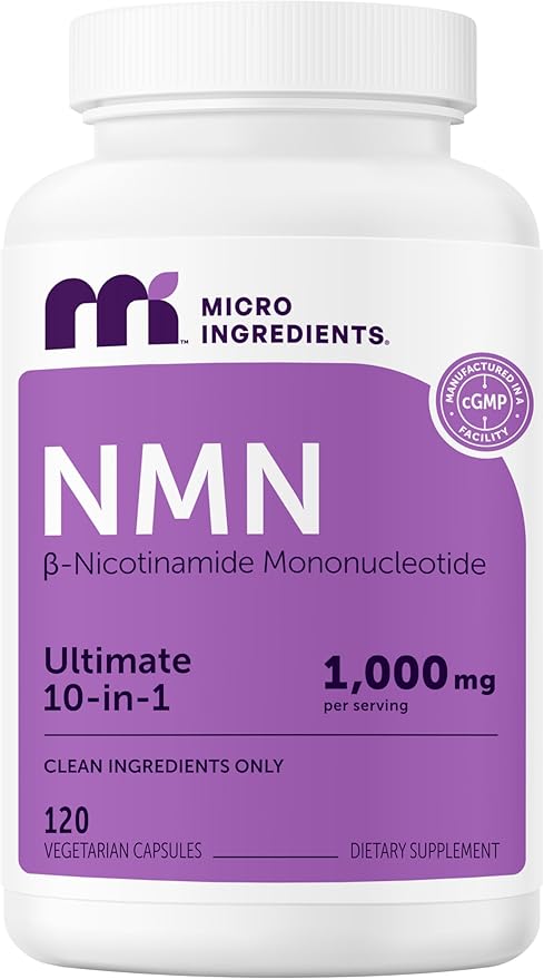 Micro Ingredients NMN Complex 1000mg Per Serving 120 Veggie Capsules | 10-in-1 with Nicotinamide Mononucleotide Resveratrol CoQ10 Quercetin &amp Glutathione | NAD+ Supplement Precursor | Filler F