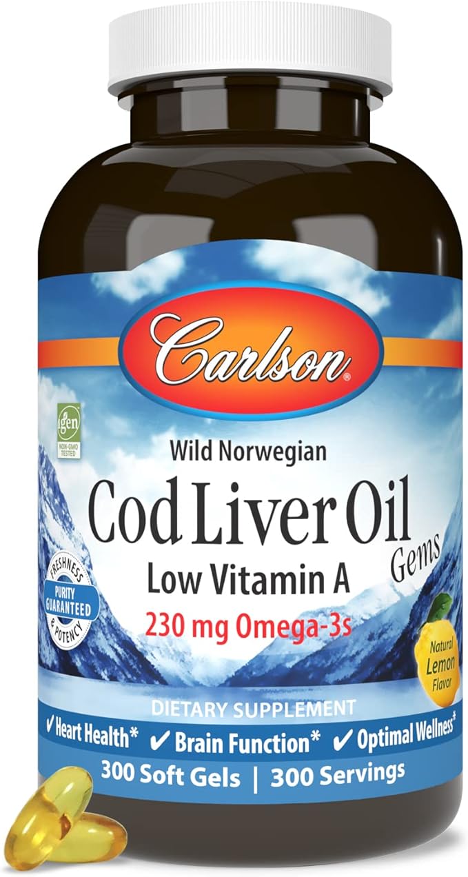 Carlson - Cod Liver Oil Gems Low Vitamin A 230 mg Omega-3s Norwegian Wild Caught Sustainably Sourced 300 Softgels
