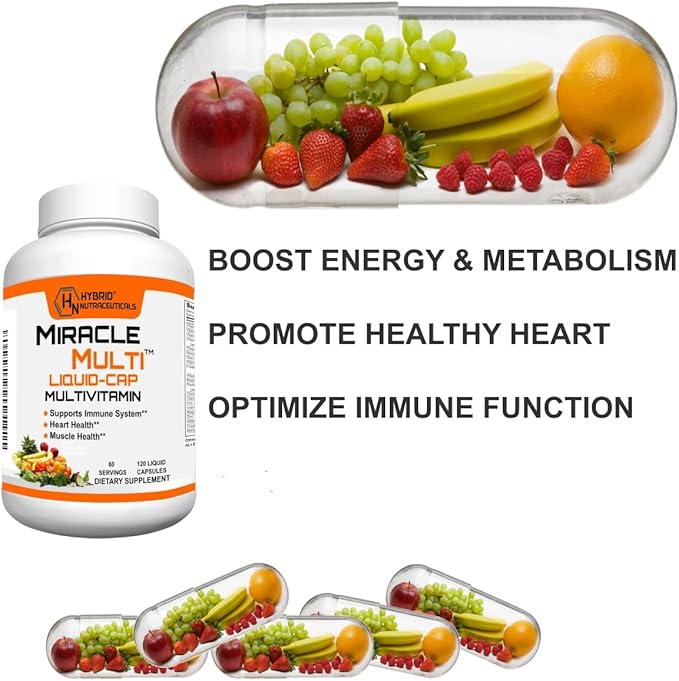 MiracleMulti Liquid Multivitamin Capsules for Men &amp Women - Complete Whole Food Blend Daily Vitamin &amp Mineral Supplement with CoQ10 B12 42 Superfood Enzyme - 120 Softgels
