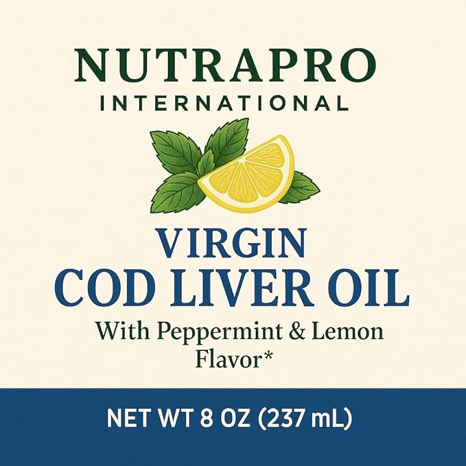 Virgin Cod Liver Oil - 8 Fl oz Natural Wild Caught &amp Fresh Tasting.High in Vitamin D Omega 3 DHA/EPA (Peppermint Flavored)