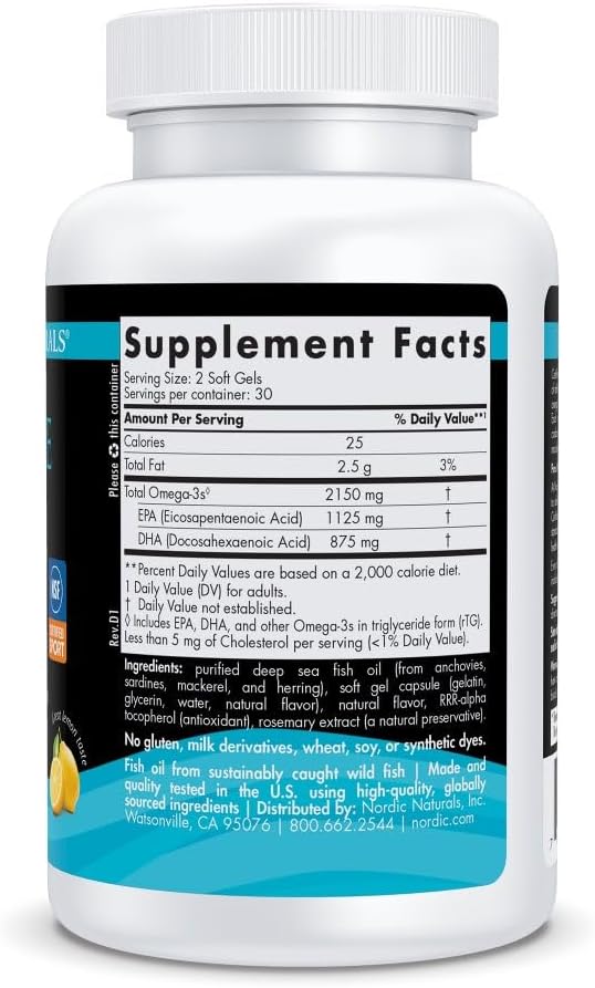 Nordic Naturals Ultimate Omega Sport 2X Lemon Flavor - 60 Soft Gels - 2150 mg Omega-3 - NSF Certified Fish Oil with EPA &amp DHA - Heart &amp Muscle Health Recovery - Non-GMO - 30 Servings