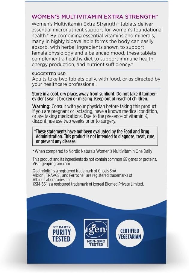 Nordic Naturals Women’s Multivitamin Extra Strength - Skin Hair Energy &amp Bone Support - Immunity Supplement - 20 Essential Nutrients - 60 Tablets - 30 Servings