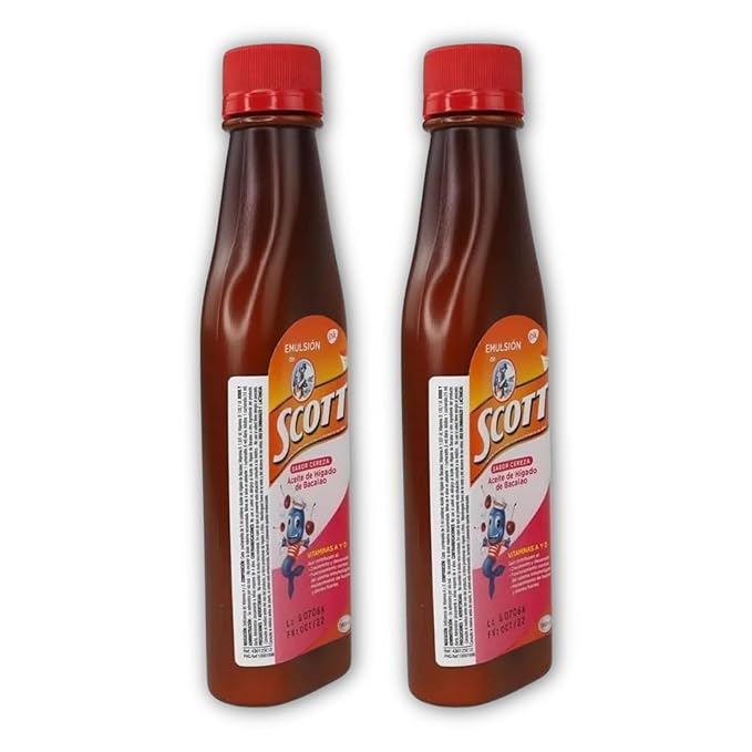 Emulsion de Scott Aceite de hígado de bacalao sabor Cereza - pack de 2 de 6.1 fl oz - 180 ml - Suplemento dietético para niños con vitamina A y calcio.