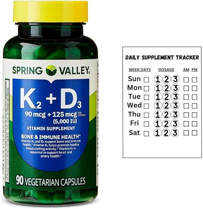 Vitamin K2 + D3 • 5000 IU D3 + Vitamin K2 • Bone Heart &amp Immune Support • 90 Vegetarian Capsules • Non-GMO by Spring Valley + Daily Supplement Tracker Sticker