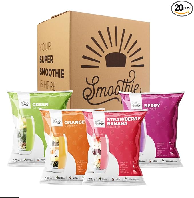 SmoothieBox - Blender Ready Frozen Smoothie Pouches - 4 Organic Flavors – Breakfast in 60 Seconds! (20 Pouches) (Variety)