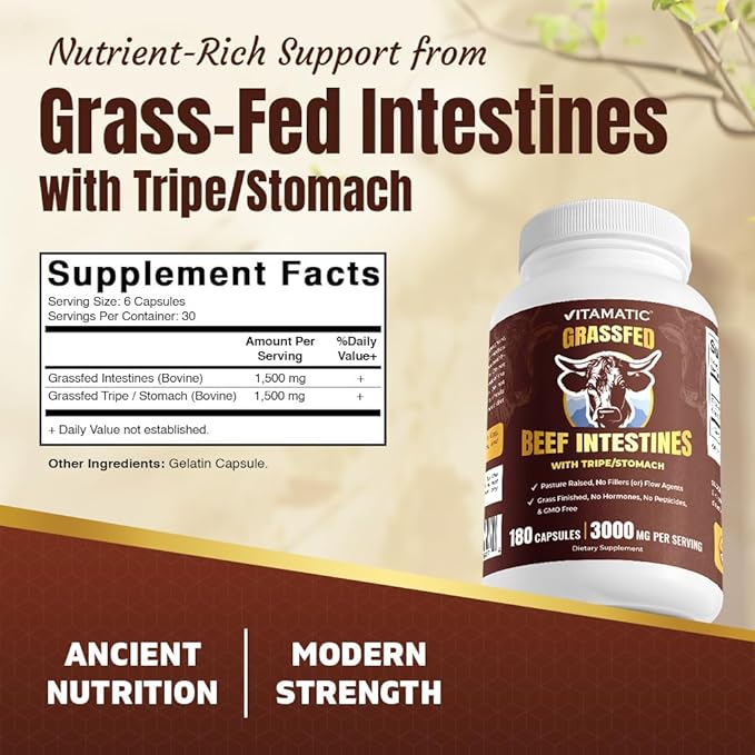 Vitamatic Grass-Fed Beef Intestines + Tripe/Stomach 180 Capsules – Freeze-Dried Non-GMO Bovine Liver Supplement – Pasture-Raised Glandular-Based Formula