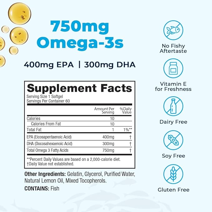 High-Potency Super EPA/DHA Fish Oil 750mg of Essential Omega-3 Fatty Acids | EPA &amp DHA | Heart Health Brain Health Immune System Health