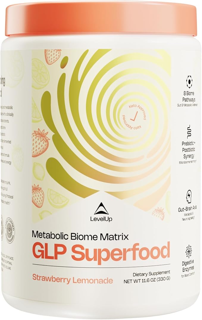 LevelUp® GLP Superfood – with Akkermansia Probiotic Prebiotics Postbiotics Digestive Enzymes &amp Polyphenols | Fiber-Powered Gut Drink | Keto Vegan Zero Sugar (Strawberry Lemonade)