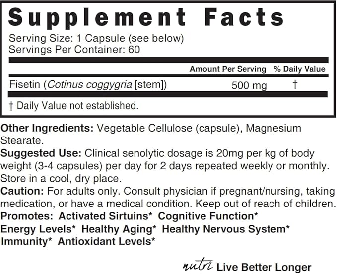 Nutri Fisetin 500mg 60 Count - Clinical Dosage - Fisetin Supplements - Powerful Senolytic Activator Antioxidant Heart &amp Brain Support - Natural Polyphenols - Capsules - 3rd Party Tested for Puri