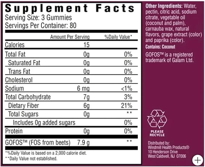Fiber Care Prebiotic Gummies 6g of Fiber Per Serving FOS from Beets Digestive Health Supports Regularity Mixed Fruit Flavor (240 Gummies)