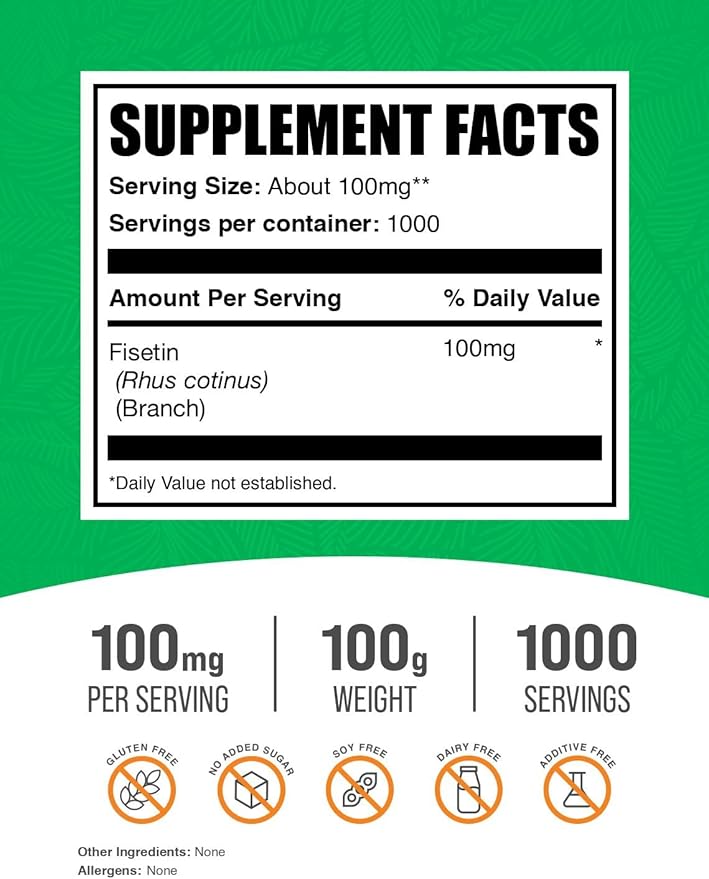BulkSupplements.com Fisetin Powder - Nutritional Supplement Fisetin 100mg Antioxidants Source - Pure &amp Gluten Free 100mg per Serving 100g (3.5 oz) (Pack of 1)