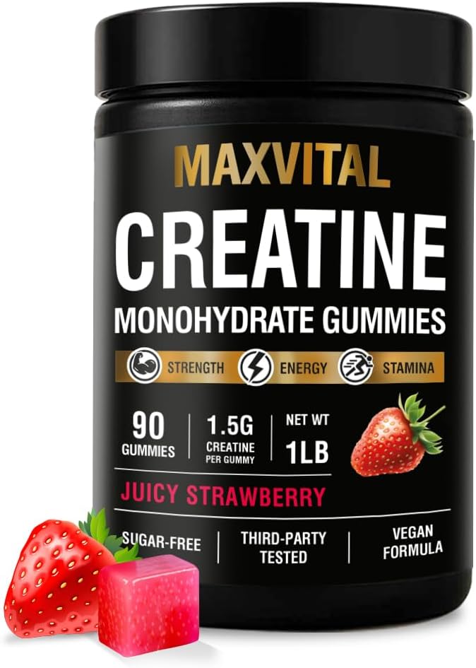 Creatine Monohydrate Gummies 1500 mg – Juicy Strawberry Chewable – Pre-Workout for Strength &amp Muscle Support – Vegan Sugar-Free &amp Halal – for Men &amp Women – 90 Gummies