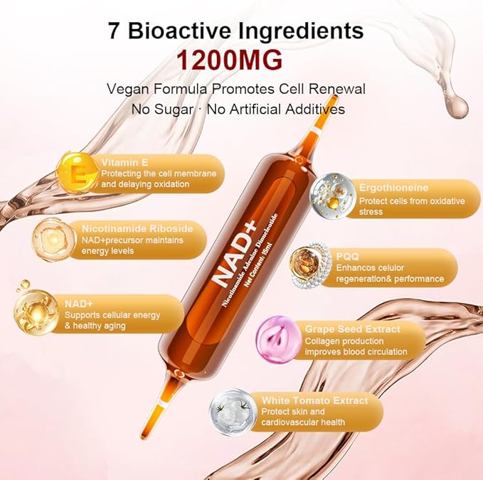 NAD+ Liquid Supplement - 1200mg Advanced Cellular Rejuvenation for Cellular Vitality Energy Metabolism &amp Antioxidant Support - Boosts Energy &amp Focus - 10 Count (15ml Packs)