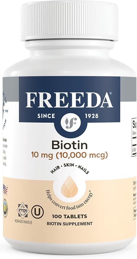 FREEDA Biotin 10000 mcg – Hair Skin &amp Nails Supplement – High-Potency B7 for Hair Growth &amp Strong Nails – Vegan Kosher Tablets with D-Biotin – 100 Tiny Tablet