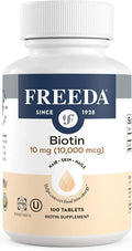 FREEDA Biotin 10000 mcg – Hair Skin &amp Nails Supplement – High-Potency B7 for Hair Growth &amp Strong Nails – Vegan Kosher Tablets with D-Biotin – 100 Tiny Tablet