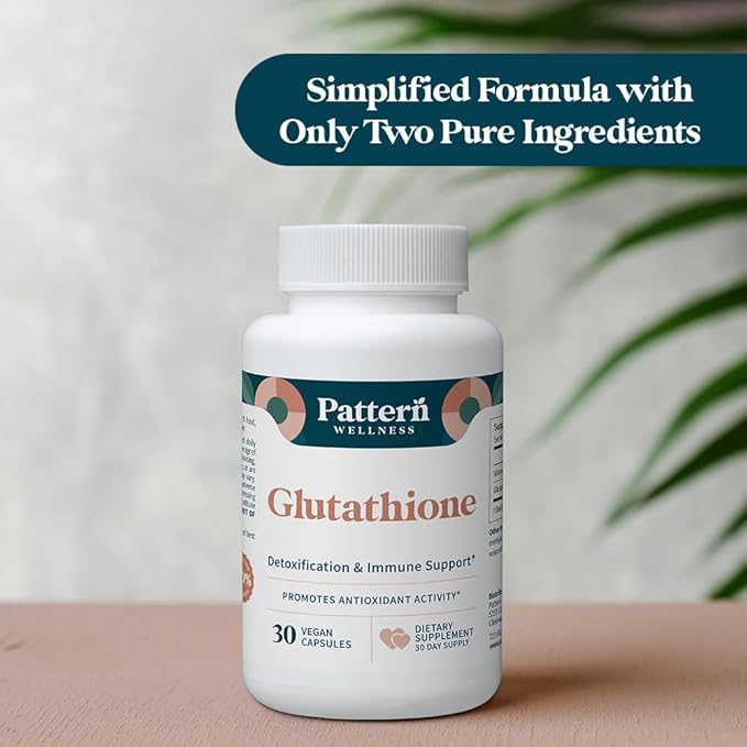 Pattern Wellness Glutathione Supplement - Active Reduced Glutathione Formula with Added Vitamin C - Cell Antioxidant + Immune Health Support - 30 Vegan Capsules