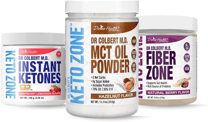 Keto Zone Maintenance Pack | by Divine Health &amp Dr. Colbert | MCT Oil Powder (Hazelnut) | Fiber Zone (Berry) | Instant Ketones (Raspberry) | Supports Energy &amp Gut Health