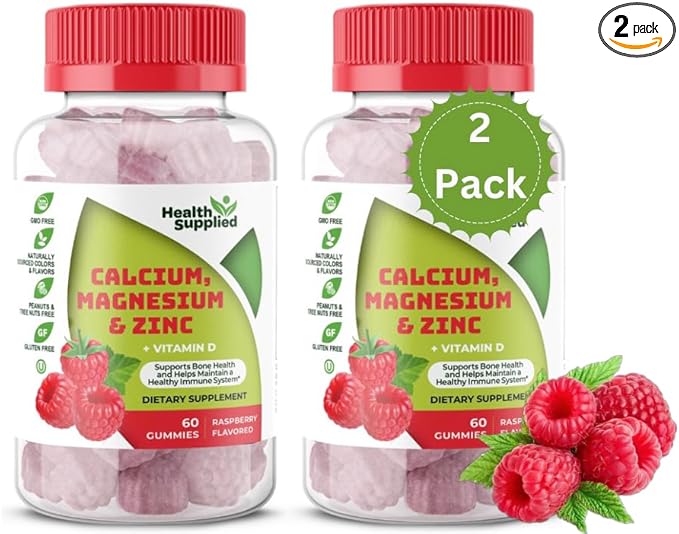 Calcium Magnesium &amp Zinc + Vitamin D Gummies | Bone Health Immune Health Energy and Muscle Function | Daily Dietary Vitamin Supplement | for Adults Teens | Fruity Raspberry Flavor
