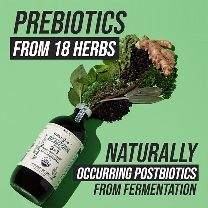 Flora Biome Live Probiotic Liquid 3-in-1 Probiotic + Prebiotic + Postbiotic 30 Billion CFU (at Time of Manufacture) 10 Strains Fermented Herbal Blend with 18 Herbs Shelf Stable 16 fl oz