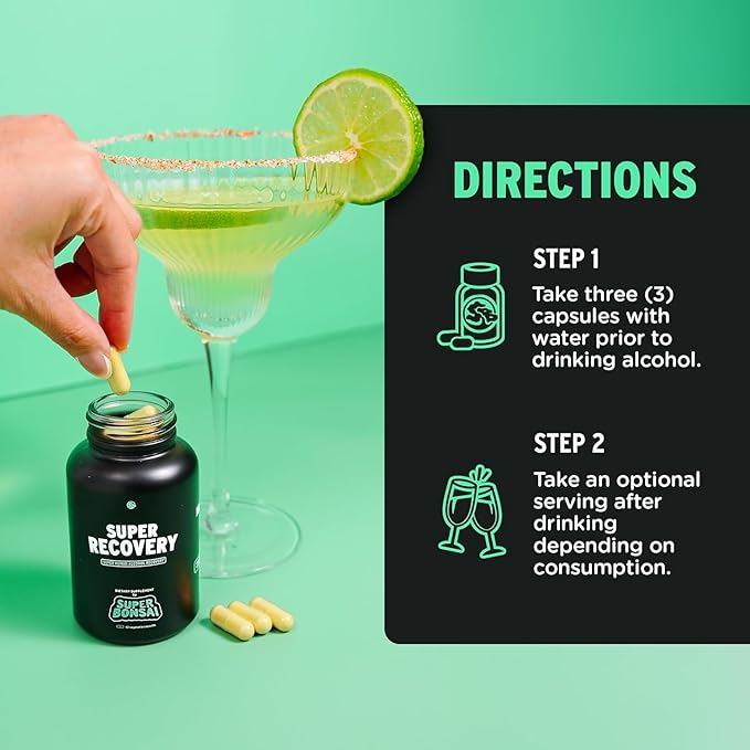 SuperBonsai Super Recovery Capsules for Post Celebration and Morning Relief - All Natural Holistic Support - 3 Capsules Taken Before Drinking and an Optional Serving After (42 Servings)