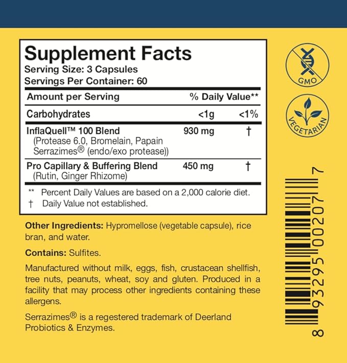 Researched Nutritionals InflaQuell - Vegetarian Proteolytic Enzymes Ginger &amp Rutin Supplement for Inflammation Response Vascular &amp Respiratory Support (180 Capsules)