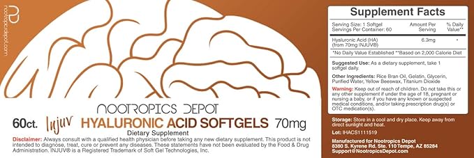 Nootropics Depot Injuv Softgels | 70mg | 60 Count | Natural Hyaluronic Acid | Skin Health Supplement