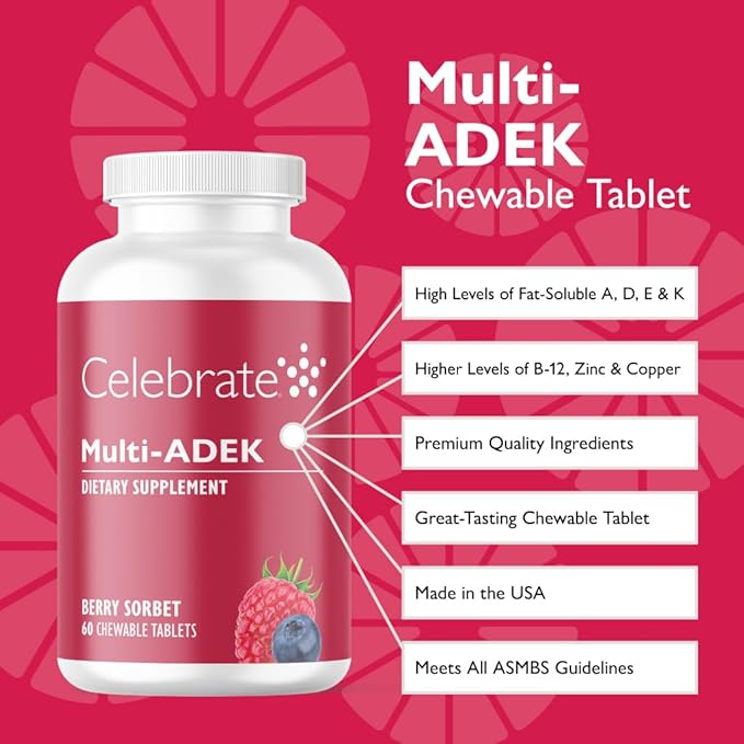 Celebrate Vitamins Multi ADEK Chewables Iron Free - Daily Bariatric Multivitamin High Level of Vitamins A D E K &amp B12 for Duodenal Switch Surgery Patients - Berry Sorbert (60 Tablets)
