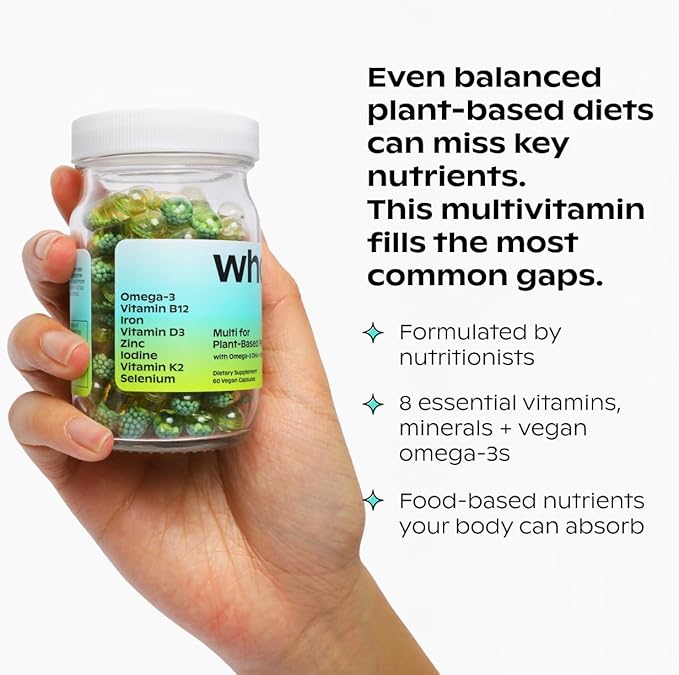 wholier Plant Based Multivitamin Vegan Omega-3 DHA EPA Vitamin D B12 Zinc Vitamin K2 Iron Iodine Selenium. 60 Count (30-Day Supply) Glass Bottle