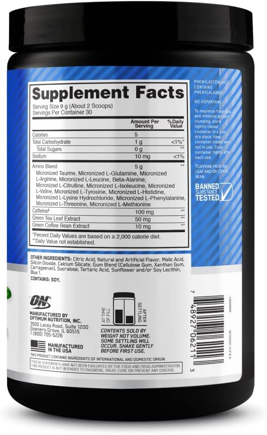 Optimum Nutrition Amino Energy - Pre Workout with Green Tea BCAA Amino Acids Keto Friendly Green Coffee Extract Energy Powder - Blueberry Lemonade 30 Servings (Packaging May Vary)