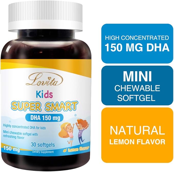 LOVITA Kids Super Smart DHA 150mg DHA and 30mg EPA of Omega 3 Fatty Acids Supports Brain Health Natural Lemon Flavor 30 Chewable Softgels (Pack of 3)