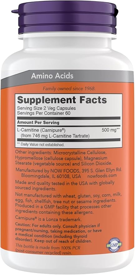 Now Supplements L-Carnitine 250 mg Purest Form* Amino Acid* Fitness Support* Metabolic Support 120 Vegetarian Capsules Gluten Free Vegan Kosher Non-GMO (Pack of 2)