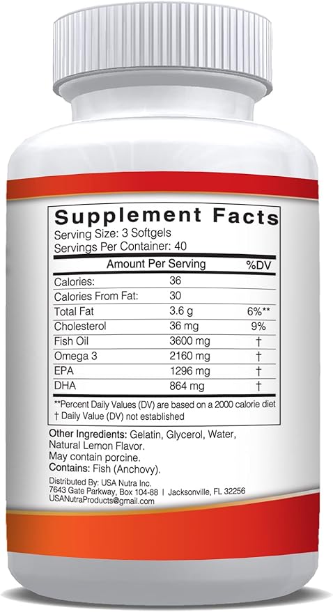 Omega 3 Fish Oil Supplement 3600mg with EPA and DHA for Women and Men Supports Joint Brain and Heart Health 120 Softgels 40 Day Supply
