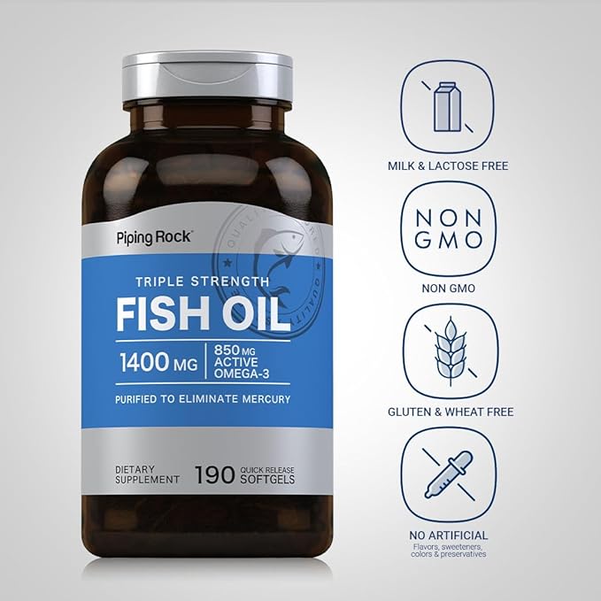 Piping Rock Fish Oil Omega 3 Supplement | 1400 mg | 190 Softgels | for Women and Men | Triple Strength | with EPA &amp DHA | Non-GMO &amp Gluten Free