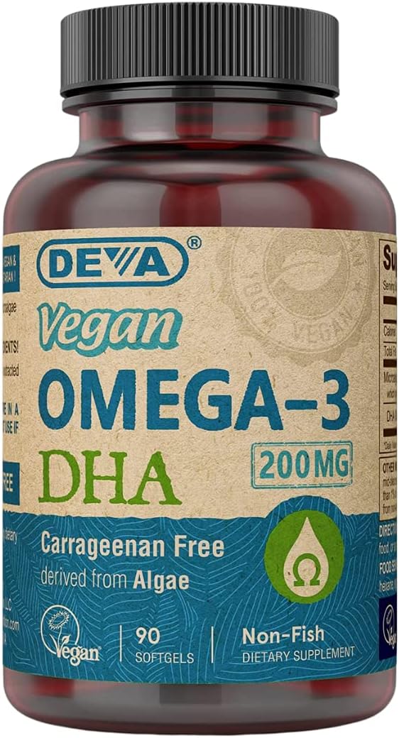 DEVA Vegan Omega-3 DHA Supplement Once-Per-Day Softgel 200 MG Carrageenan Free Gelatin Free Non-Fish Algae Oil Omega-3 Fatty Acids - 90 Softgels
