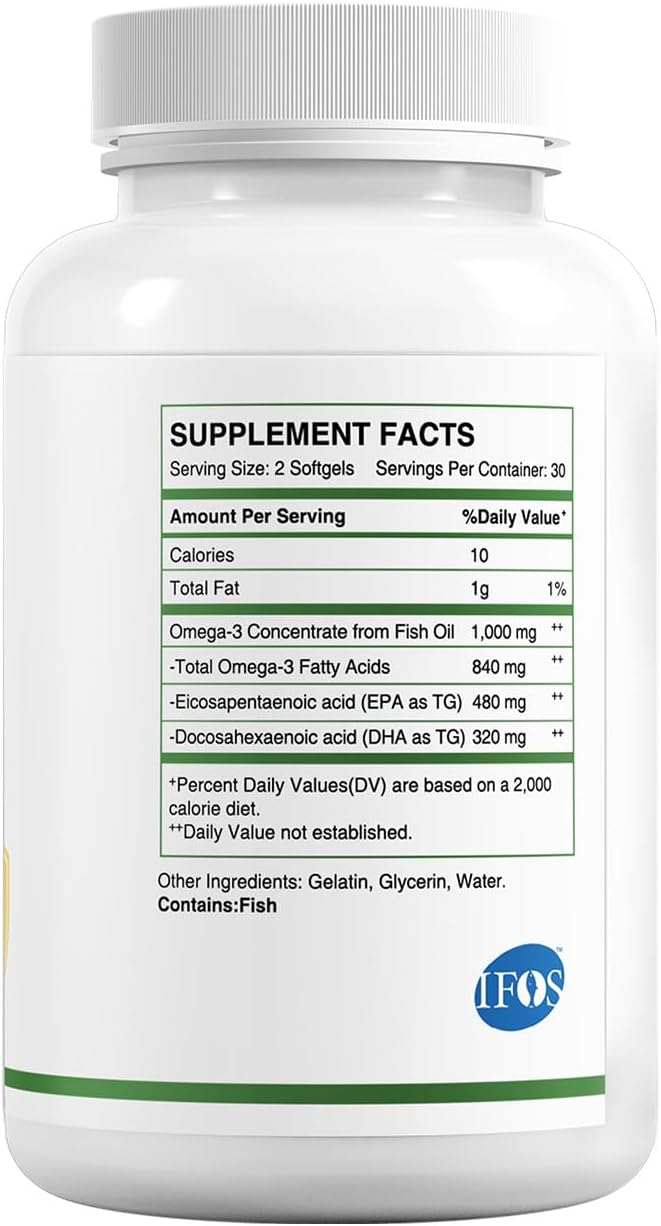 HUJ Omega 3 Fish Oil 1000mg Softgels - EPA+DPA Fish Oil Omega 3 for Heart Brain Skin Eyes &amp Cardiovascular Support *- 60 Softgels