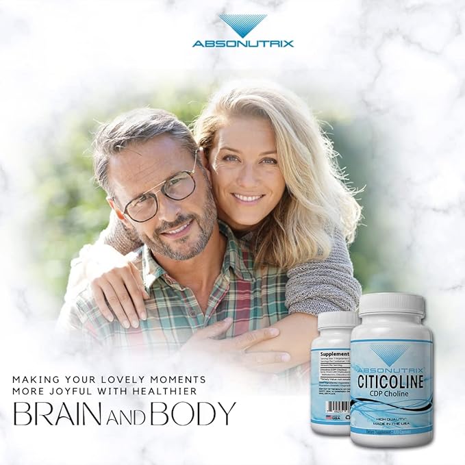 Absonutrix Citicoline CDP Choline 530mg Nootropic Supplement GMP Certified Third-Party Tested Easy to Swallow 120 Veg caps Improves Cognitive Skills Supports Memory Non-GMO Made in USA
