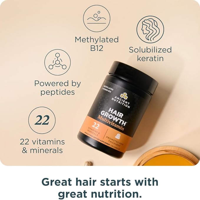 Ancient Nutrition Hair Growth Multivitamin – Supports Thicker Hair Less Shedding Smoother Skin &amp Stronger Nails – with Solubilized Keratin Powered by Peptides 22 Vitamins &amp Minerals – 30 S