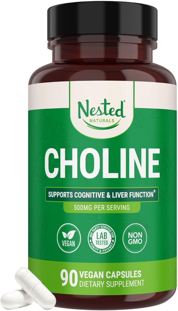 Nested Naturals Choline Bitartrate 500mg - High Potency Choline Supplements - Supports Cognitive Performance &amp Liver Function - 100% Vegan &amp Non-GMO Choline - 90 Vegan Capsules