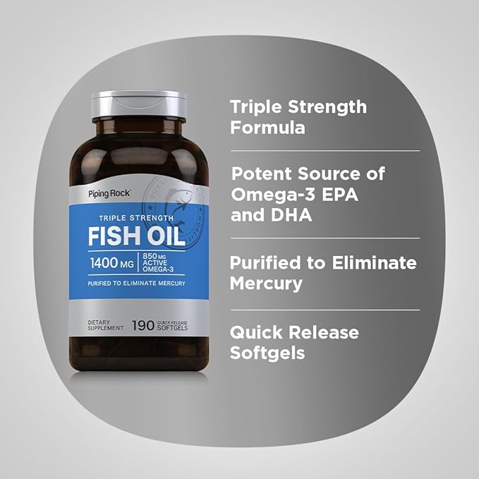 Piping Rock Fish Oil Omega 3 Supplement | 1400 mg | 190 Softgels | for Women and Men | Triple Strength | with EPA &amp DHA | Non-GMO &amp Gluten Free