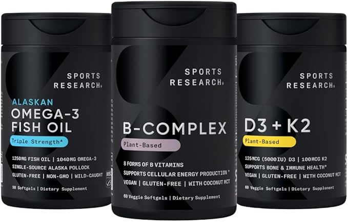 Sports Research Vitamin B-Complex - Full Spectrum of B Vitamins (Plant-Based Vegan-Friendly) Triple Strength Omega 3 Fish Oil &amp Plant Based Vitamin K2 MK7 + Vegan D3 5000iu