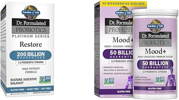 Garden of Life Dr. Formulated Probiotics Platinum Series Restore 200 Billion &amp Dr. Formulated Probiotics Mood+ Acidophilus Probiotic Supplement
