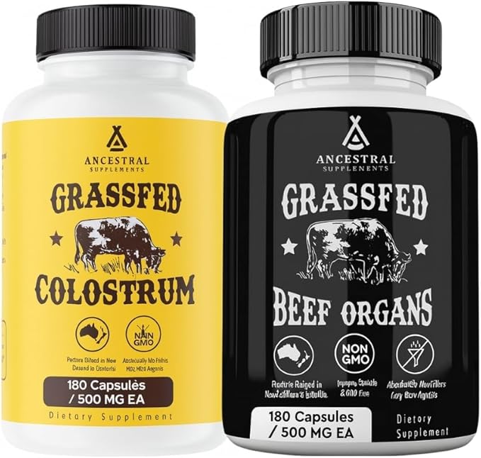 Ancestral Supplements Beef Organs &amp Colostrum Bundle – Supports Immunity Energy Digestion &amp Recovery – Grass Fed Pasture Raised Multivitamin with Liver Heart Kidney Pancreas Spleen &amp